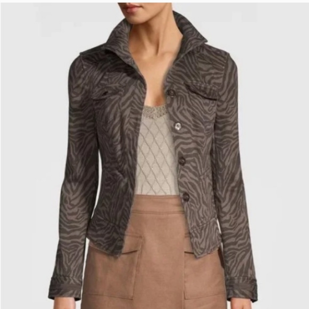 White House Black Market 2 Tone Chocolate Brwn Zebra Print Denim Jacket Sz 4 NWT